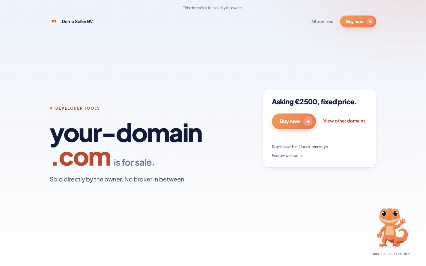 Example for-sale page for your-domain.com showing a fixed price of €2,500 and a Buy now button.
